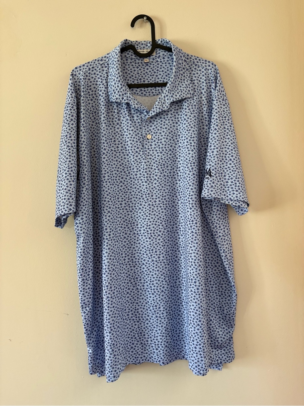 Peter Millar Summer Comfort Blue Polo with Navy fish tackle Print XL